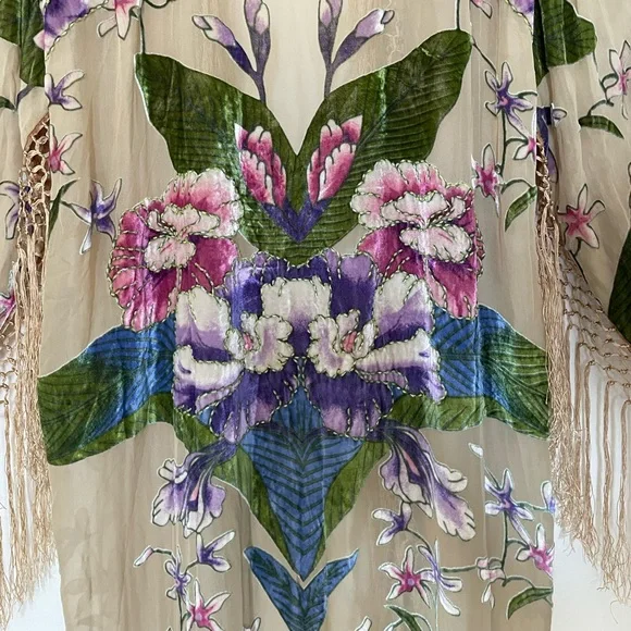 🍃 🌸 Velvet Burn-out Beaded Floral Fringe Kimono Jacket Robe Long Maxi Nude - Picture 8 of 10